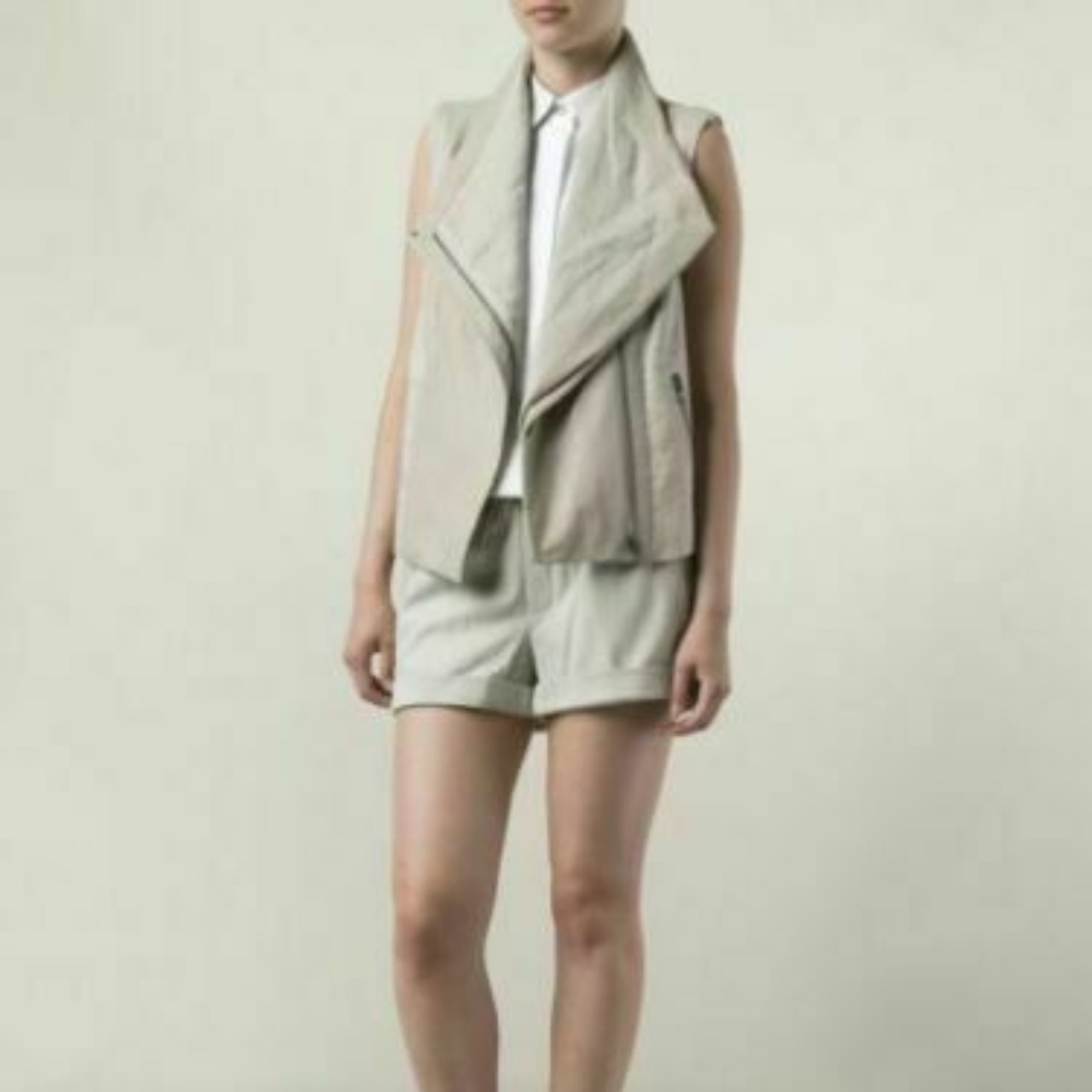 Vince Taupe Leather Linen Asymmetrical Moto Vest S